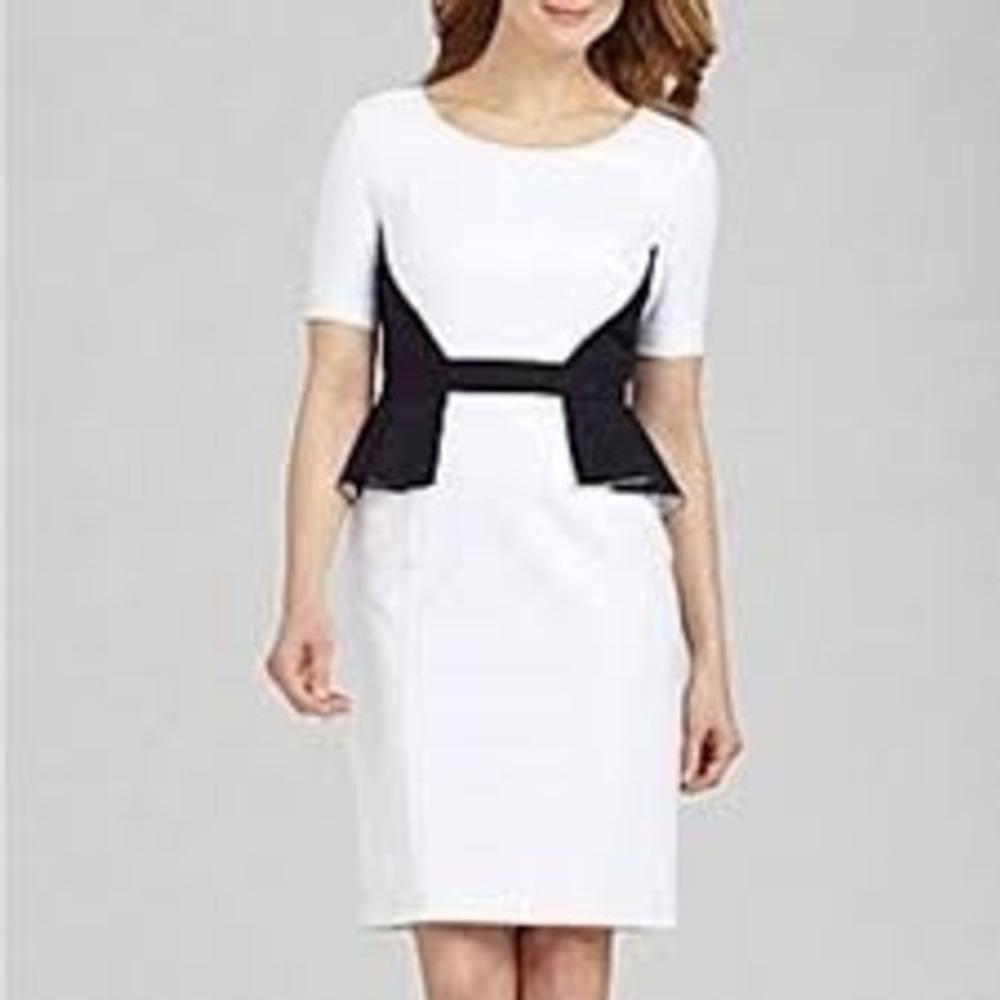 Antonio Melani Women Dress 6 Ivory Navy Peplum Colorblock Sheath Short Sleeve